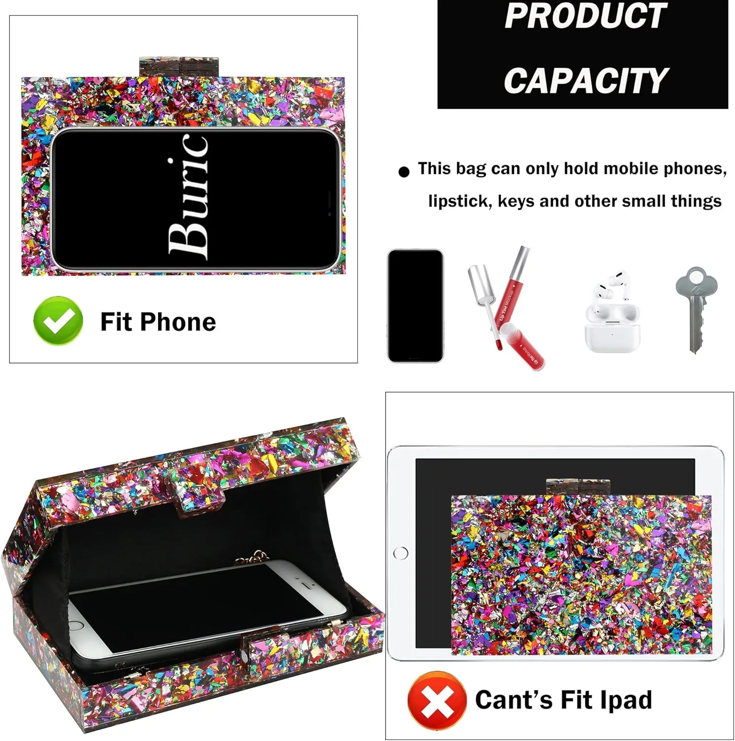 Women Clutches Evening Bags Acrylic Multicolor Purses and Handbags Shoulder Cross Body Bag Formal Wedding Prom Party
