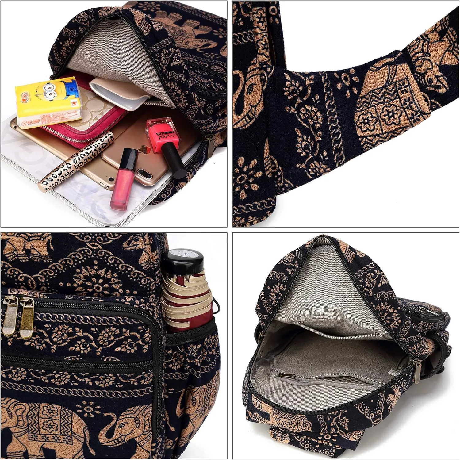 Women sling bag Elephant canvas large boho backpacks bohemian Crossbody bag (Black)