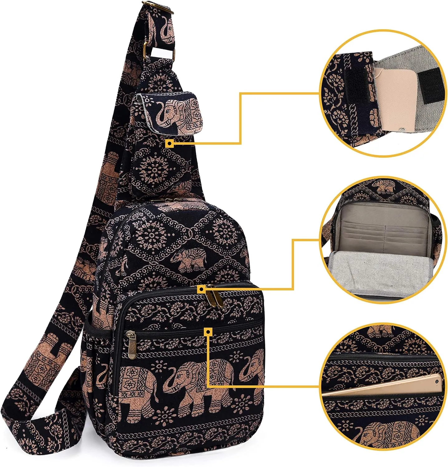 Women sling bag Elephant canvas large boho backpacks bohemian Crossbody bag (Black)