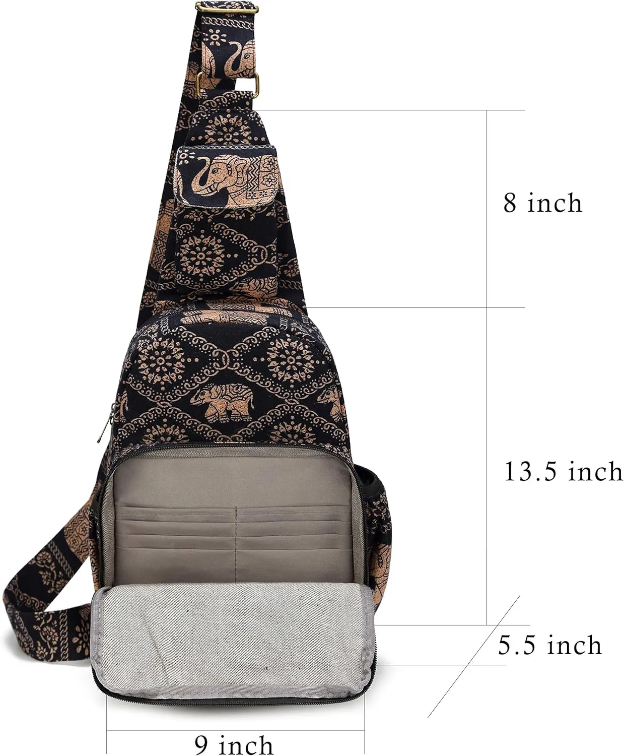 Women sling bag Elephant canvas large boho backpacks bohemian Crossbody bag (Black)