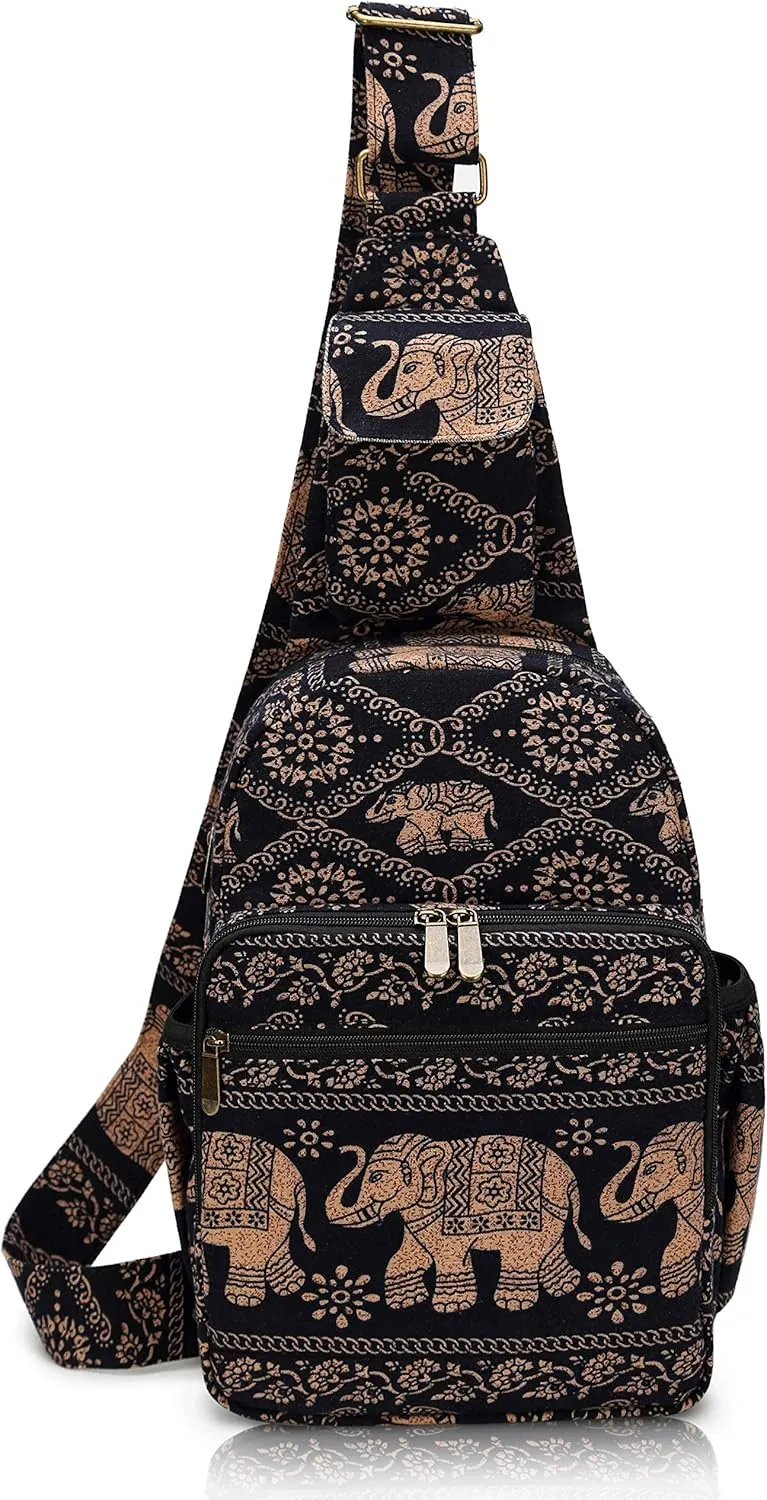 Women sling bag Elephant canvas large boho backpacks bohemian Crossbody bag (Black)