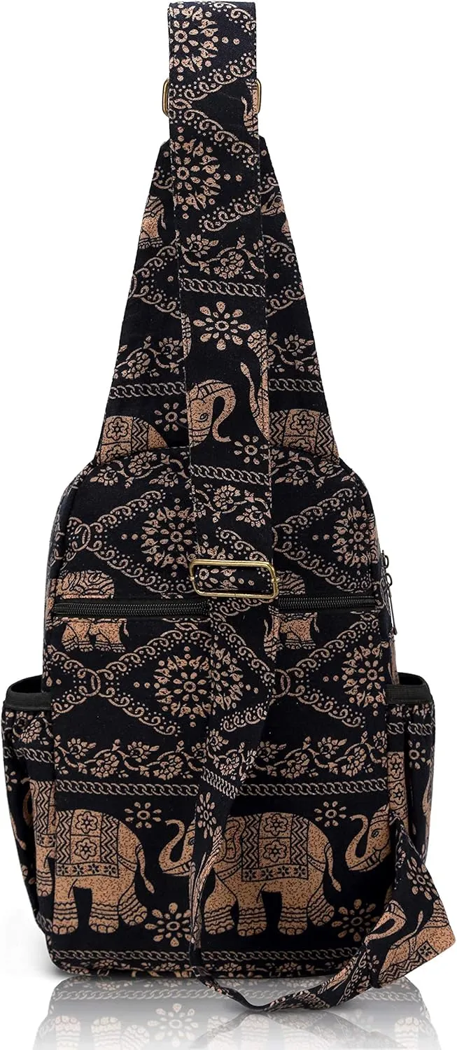 Women sling bag Elephant canvas large boho backpacks bohemian Crossbody bag (Black)