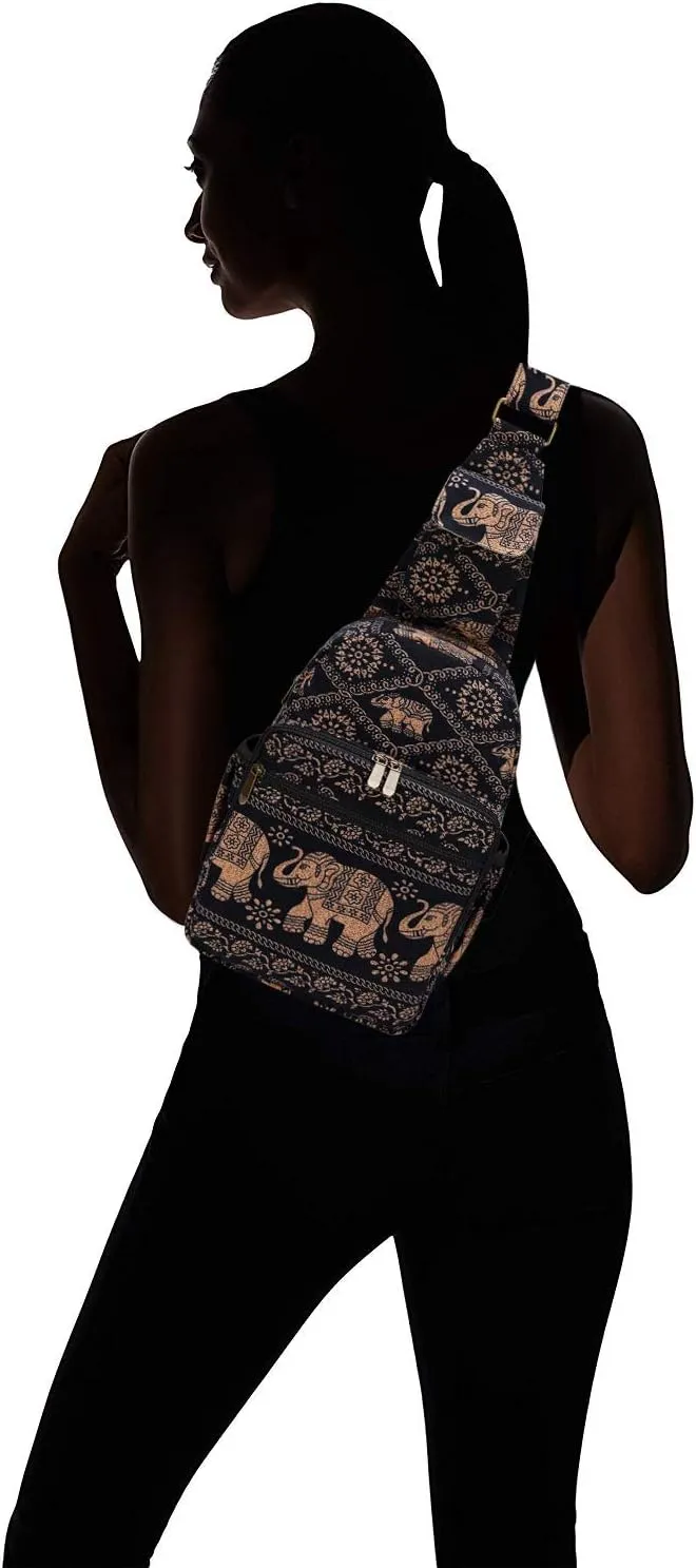 Women sling bag Elephant canvas large boho backpacks bohemian Crossbody bag (Black)
