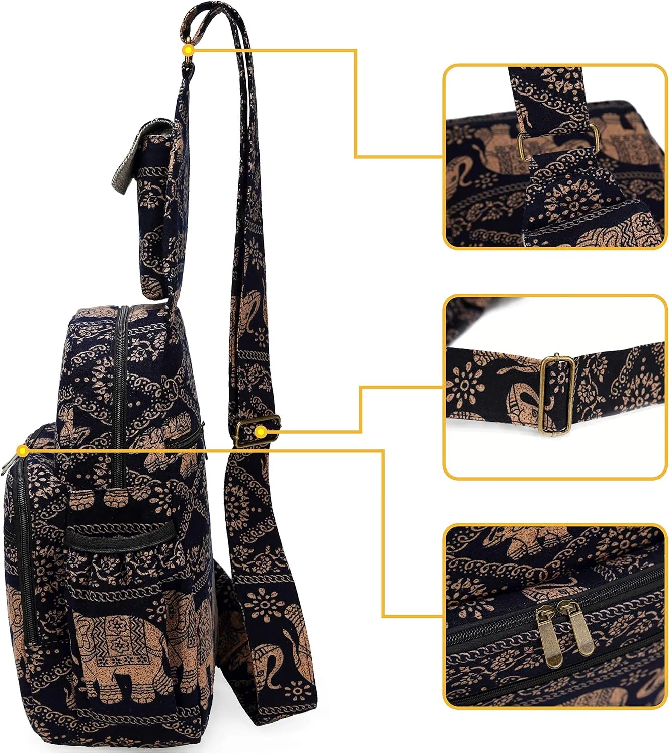 Women sling bag Elephant canvas large boho backpacks bohemian Crossbody bag (Black)
