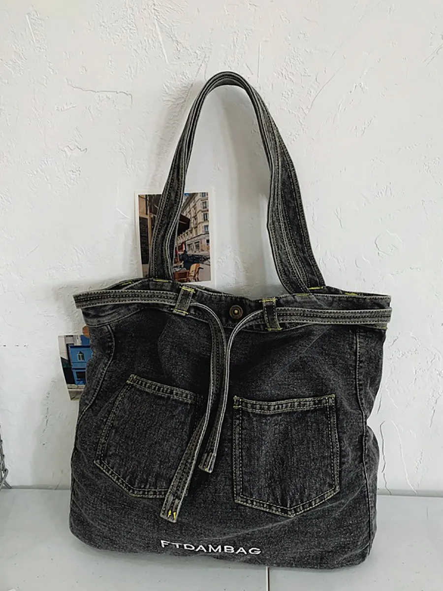 Women Vintage Solid Pocket Denim Handbag Shoulder Bag BN1033