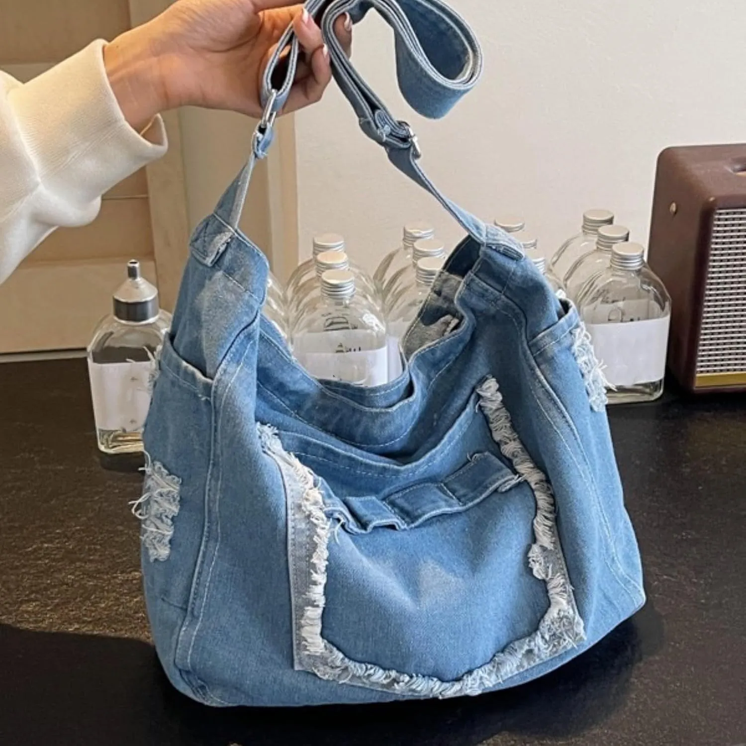 Womens Denim Shoulder Purses and Handbags, Casual Messenger Bag Tote Crossbody Purse Daily Hobo Bag