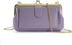 Women’s Kiss Lock Wallet with Chain Strap Vintage Clutch Crossbody Bag Leather Credit Card Holder Cell Phone Purse