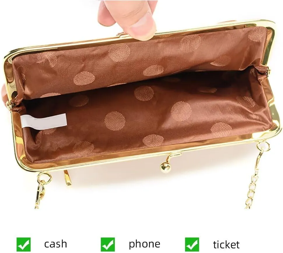 Women’s Kiss Lock Wallet with Chain Strap Vintage Clutch Crossbody Bag Leather Credit Card Holder Cell Phone Purse