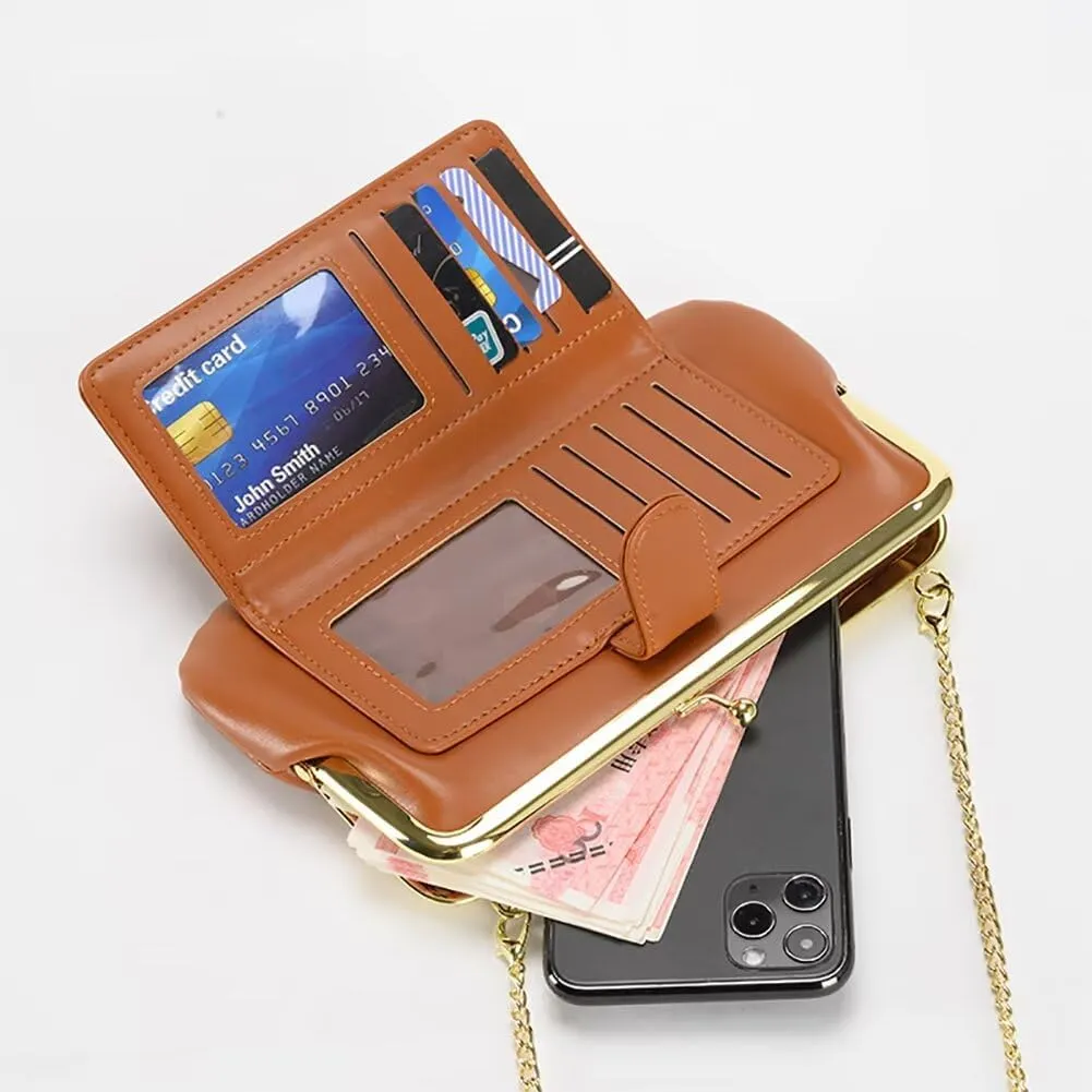 Women’s Kiss Lock Wallet with Chain Strap Vintage Clutch Crossbody Bag Leather Credit Card Holder Cell Phone Purse