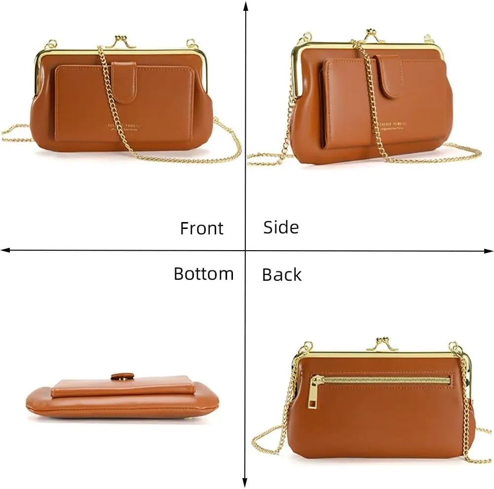 Women’s Kiss Lock Wallet with Chain Strap Vintage Clutch Crossbody Bag Leather Credit Card Holder Cell Phone Purse