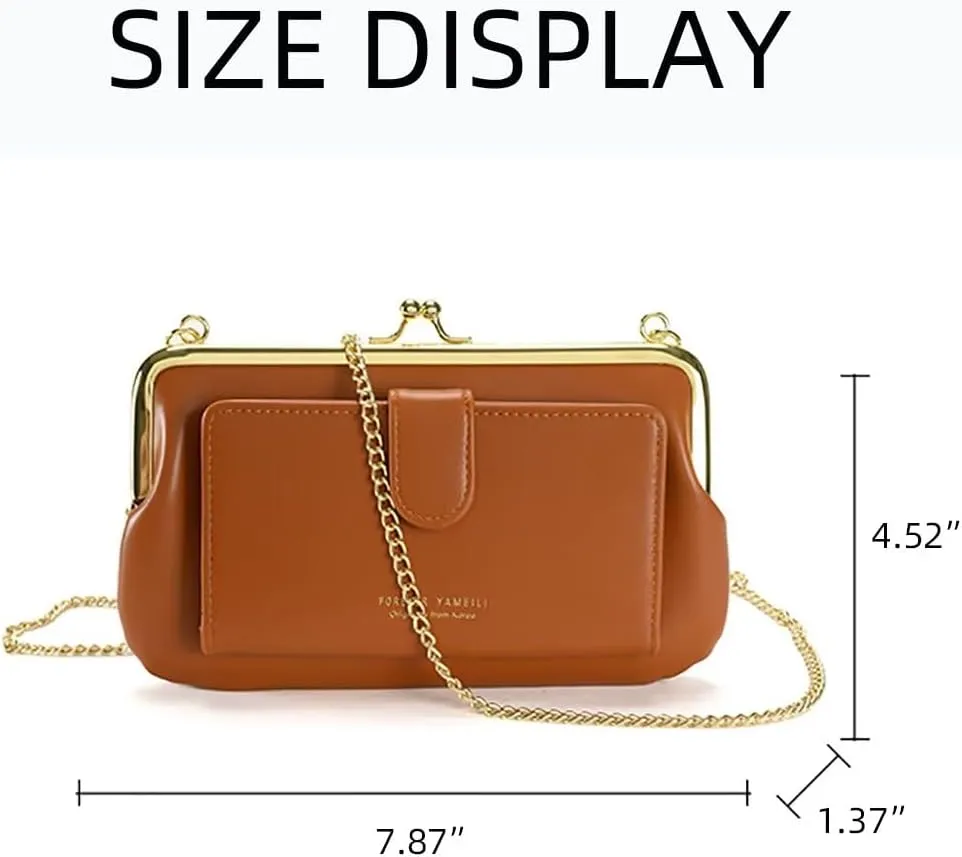 Women’s Kiss Lock Wallet with Chain Strap Vintage Clutch Crossbody Bag Leather Credit Card Holder Cell Phone Purse
