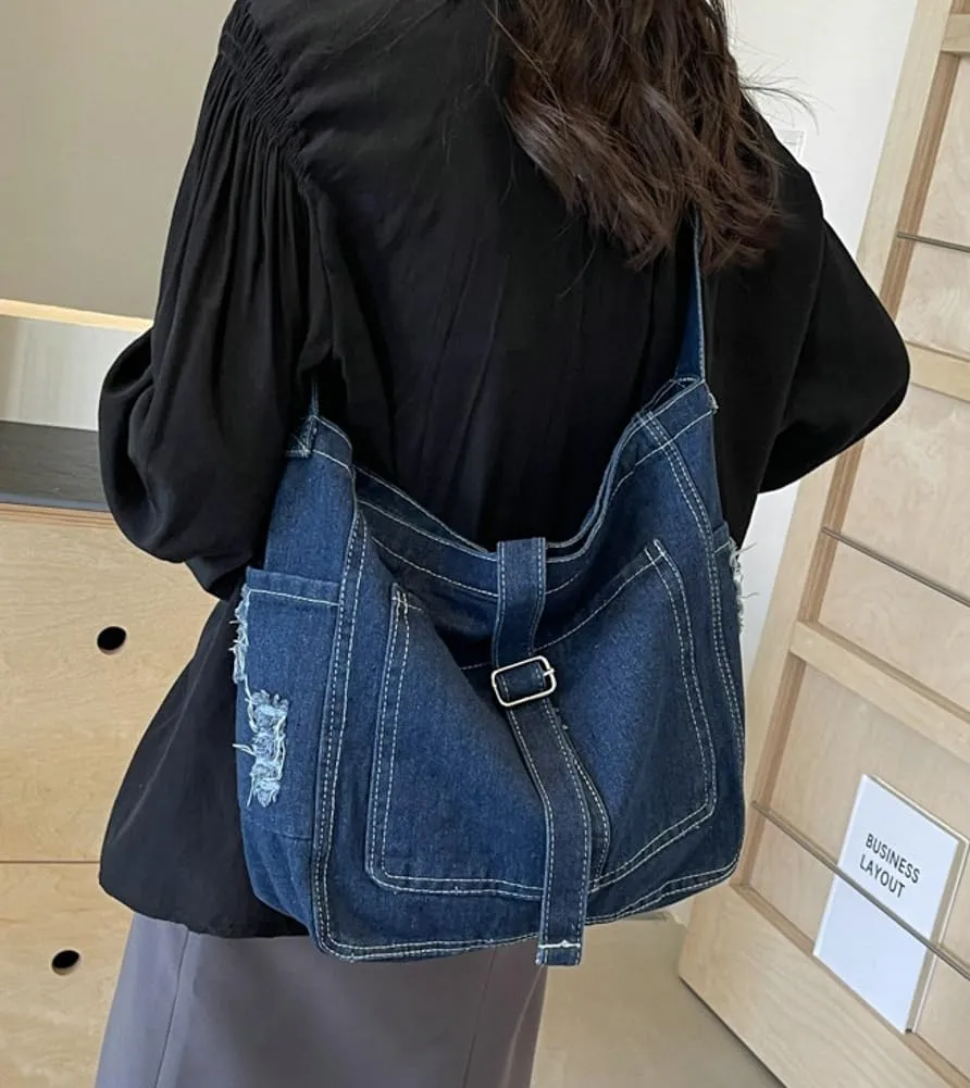 Women's Retro Large Canvas Denim Shoulder Bag Denim Crossbody Handbags Casual Style Lightweight Tote Purse