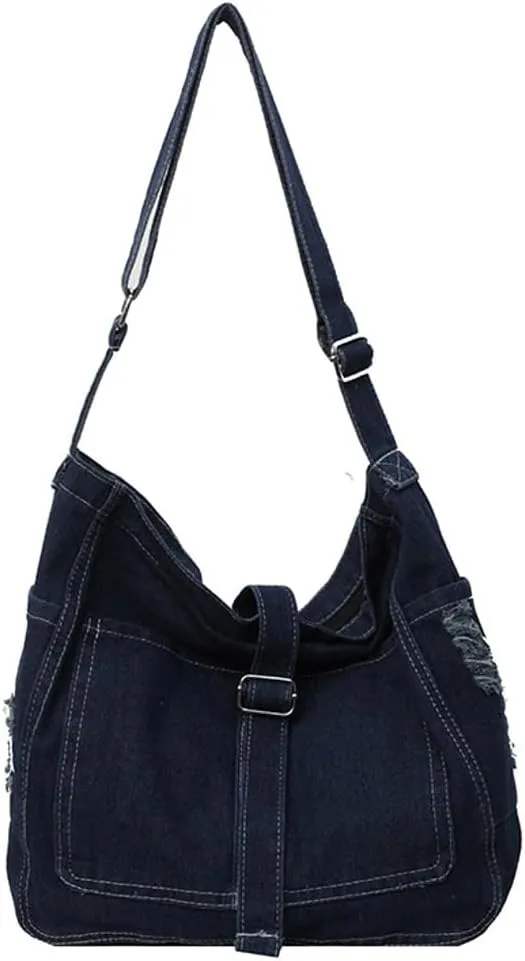Women's Retro Large Canvas Denim Shoulder Bag Denim Crossbody Handbags Casual Style Lightweight Tote Purse