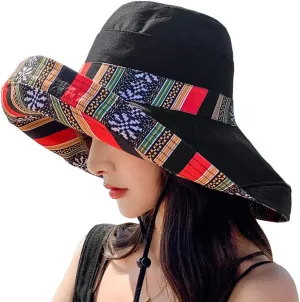 Women's Sun Hats Summer Beach UV Protection UPF Packable Wide Brim Chin Strap,Can be Worn on Both Sides Oversized Bucket Hat