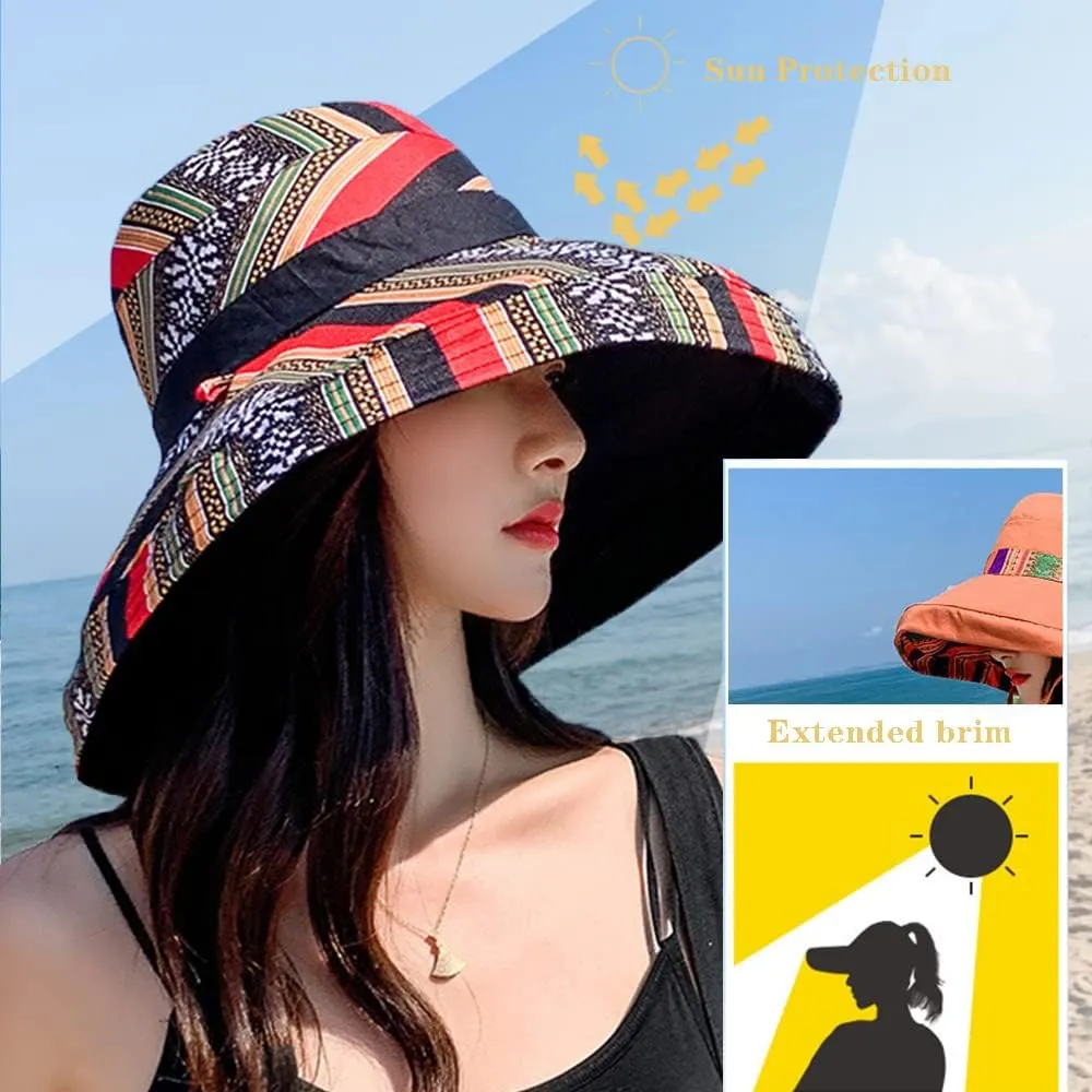 Women's Sun Hats Summer Beach UV Protection UPF Packable Wide Brim Chin Strap,Can be Worn on Both Sides Oversized Bucket Hat