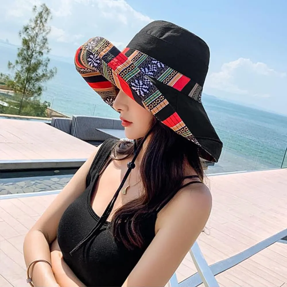 Women's Sun Hats Summer Beach UV Protection UPF Packable Wide Brim Chin Strap,Can be Worn on Both Sides Oversized Bucket Hat