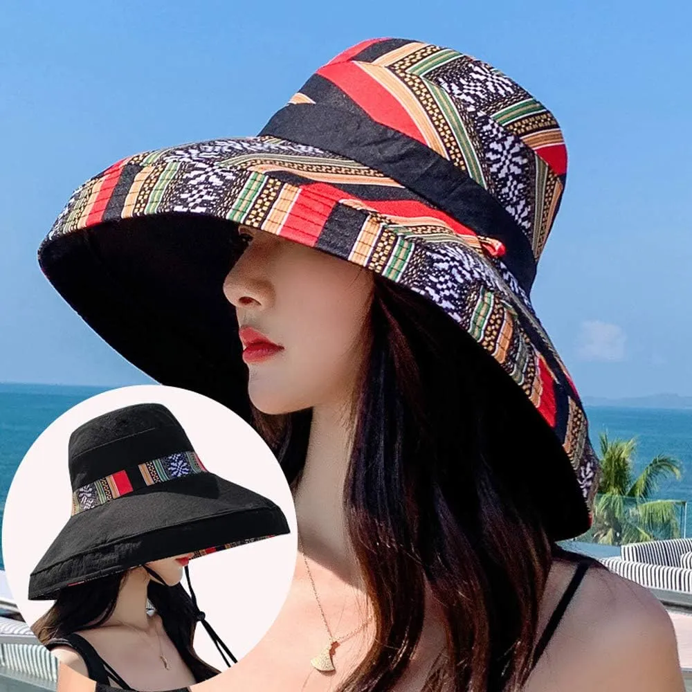 Women's Sun Hats Summer Beach UV Protection UPF Packable Wide Brim Chin Strap,Can be Worn on Both Sides Oversized Bucket Hat