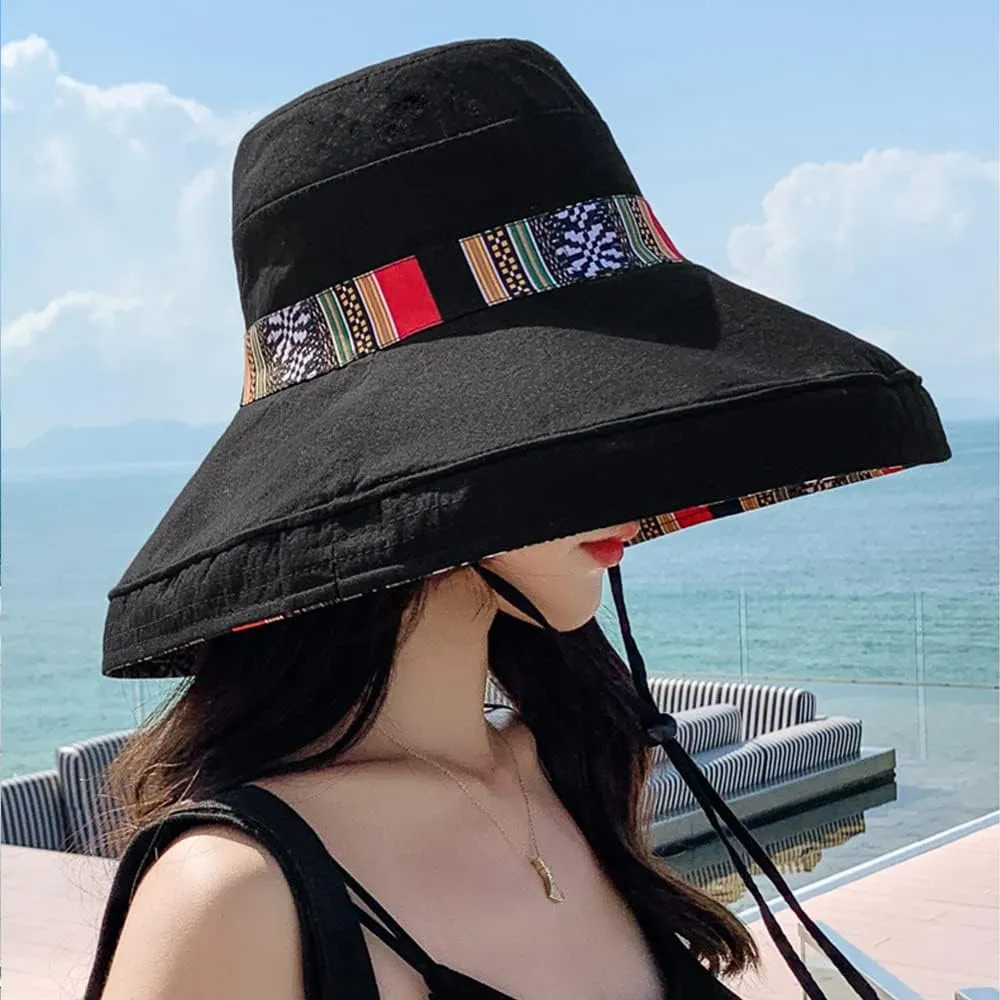 Women's Sun Hats Summer Beach UV Protection UPF Packable Wide Brim Chin Strap,Can be Worn on Both Sides Oversized Bucket Hat