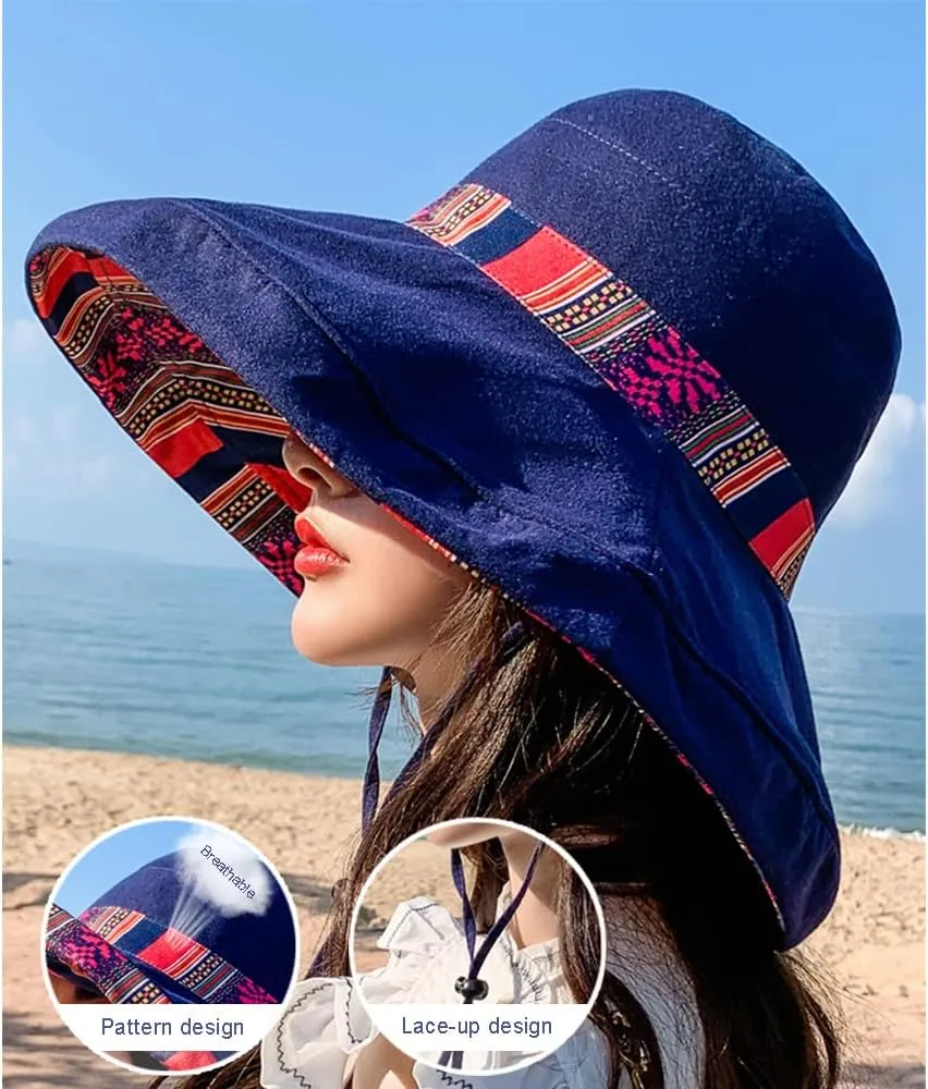 Women's Sun Hats Summer Beach UV Protection UPF Packable Wide Brim Chin Strap,Can be Worn on Both Sides Oversized Bucket Hat