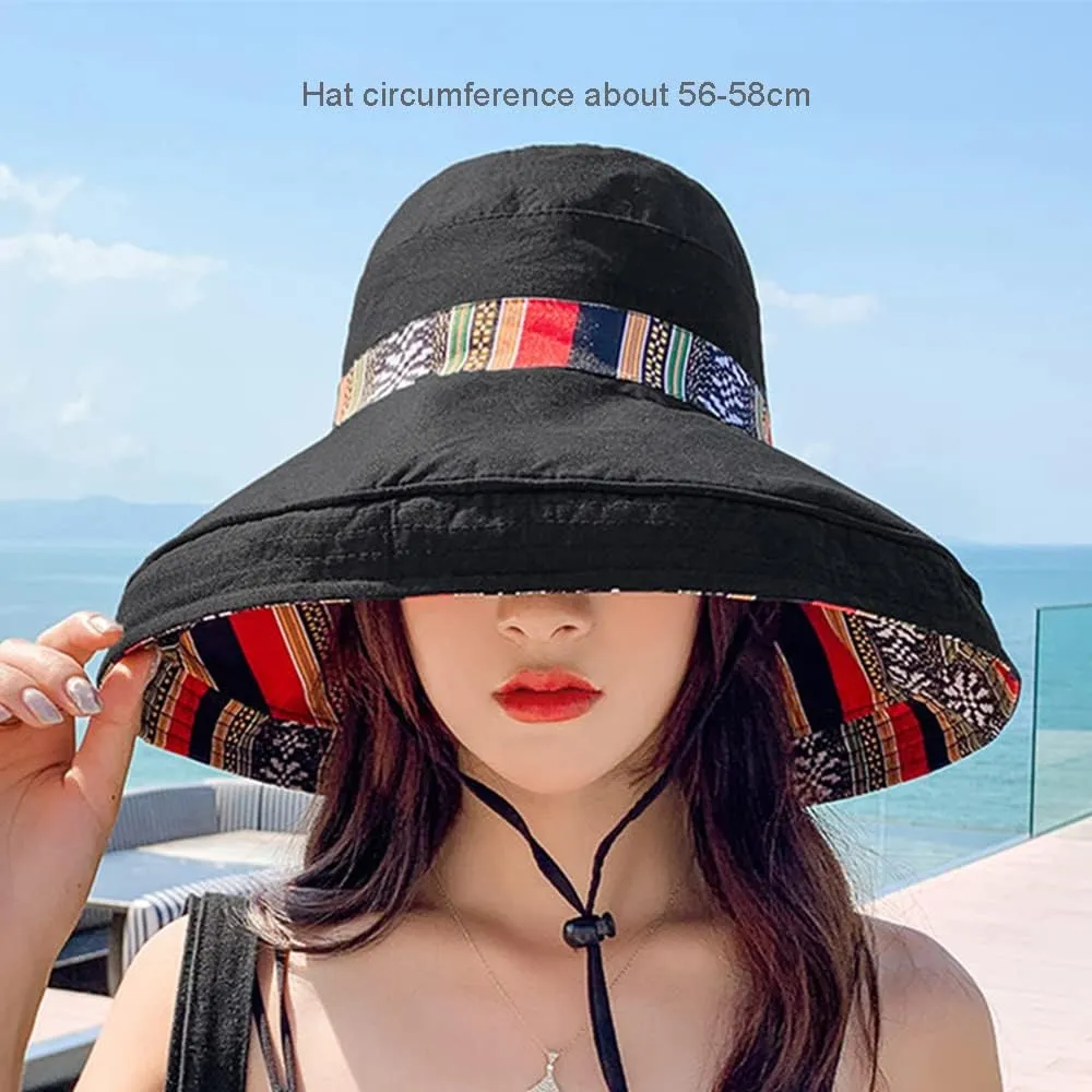 Women's Sun Hats Summer Beach UV Protection UPF Packable Wide Brim Chin Strap,Can be Worn on Both Sides Oversized Bucket Hat