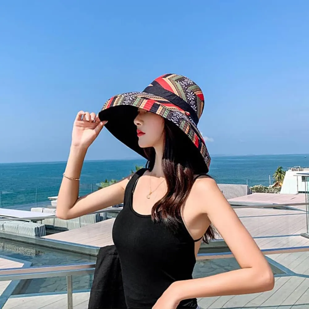 Women's Sun Hats Summer Beach UV Protection UPF Packable Wide Brim Chin Strap,Can be Worn on Both Sides Oversized Bucket Hat