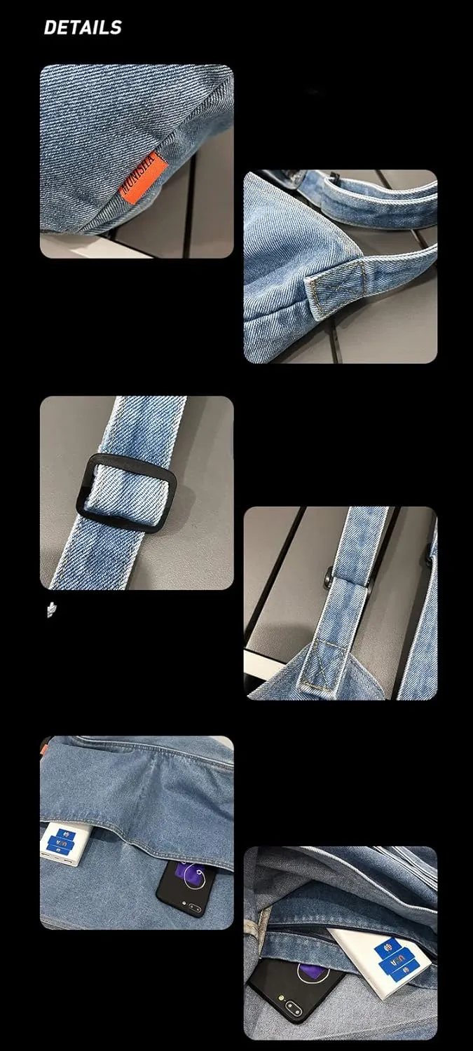 Women's Vintage Denim Bag Retro Tote Bag Y2K Hppie Classic Harajuku Messenger Bag Casual Hobo Denim Handbag (Dark Blue)