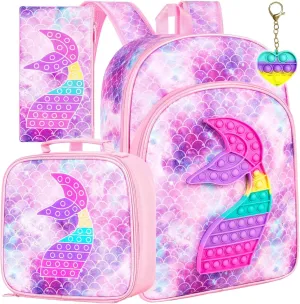 WZLVO Kids Backpack for Girls,Unicorn Mermaid Prechool Elementary Kindergarten School Bookbag and Lunch Box