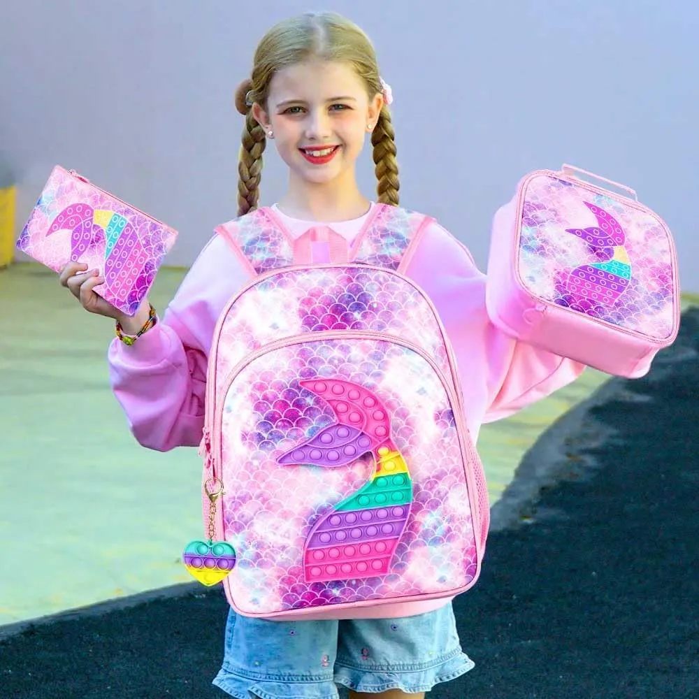 WZLVO Kids Backpack for Girls,Unicorn Mermaid Prechool Elementary Kindergarten School Bookbag and Lunch Box