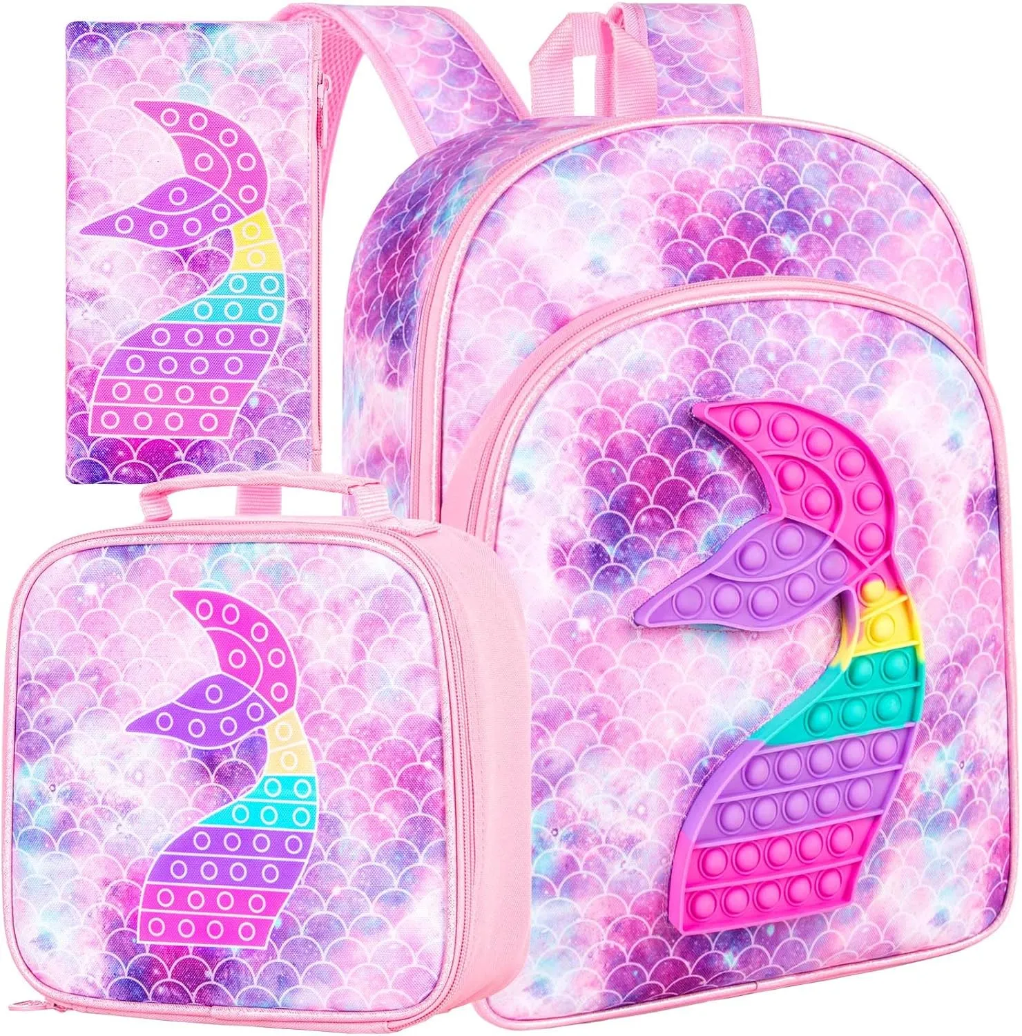 WZLVO Kids Backpack for Girls,Unicorn Mermaid Prechool Elementary Kindergarten School Bookbag and Lunch Box