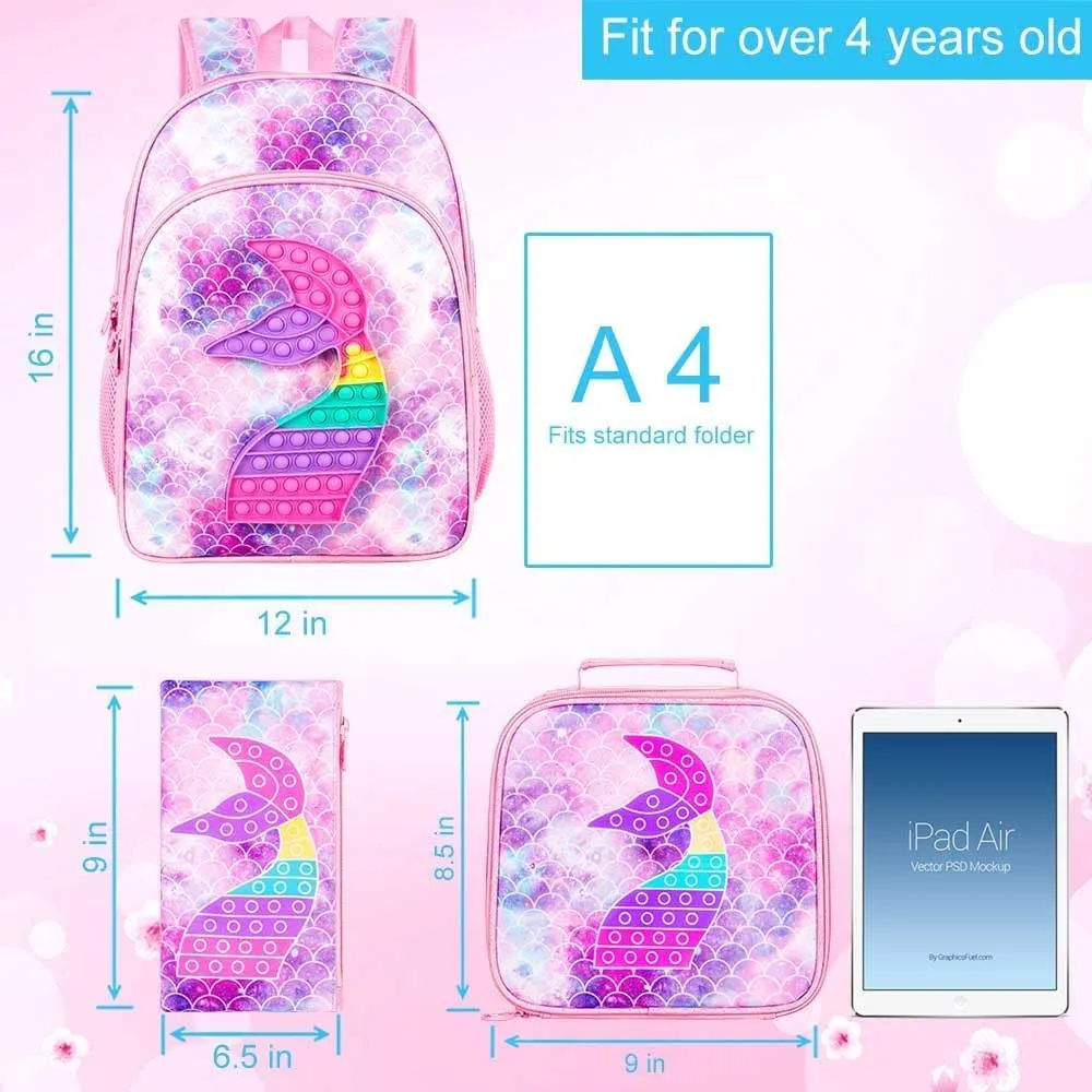 WZLVO Kids Backpack for Girls,Unicorn Mermaid Prechool Elementary Kindergarten School Bookbag and Lunch Box