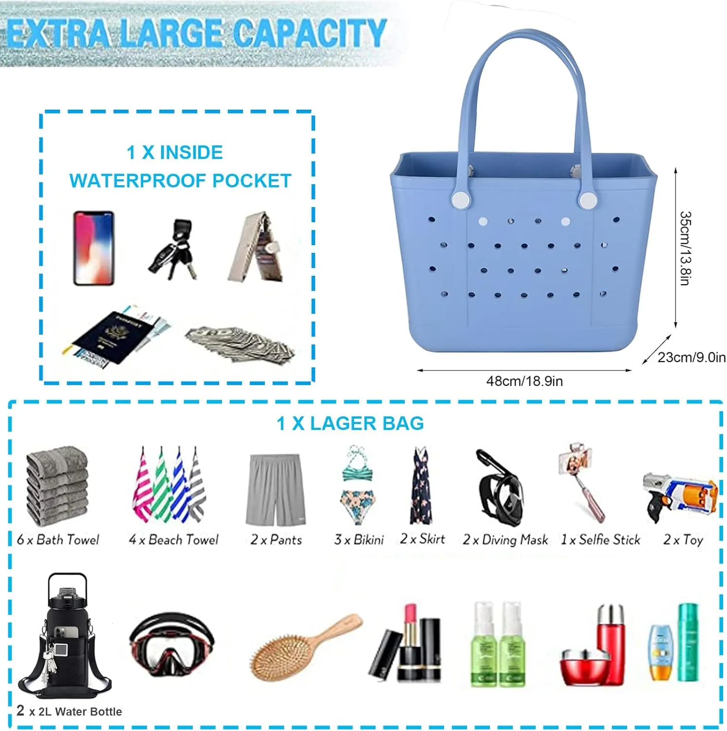 X Large Beach Bag, Oversized Rubber Beach Bag, Washable Open Tote Bag Durable Tote Travel Bags