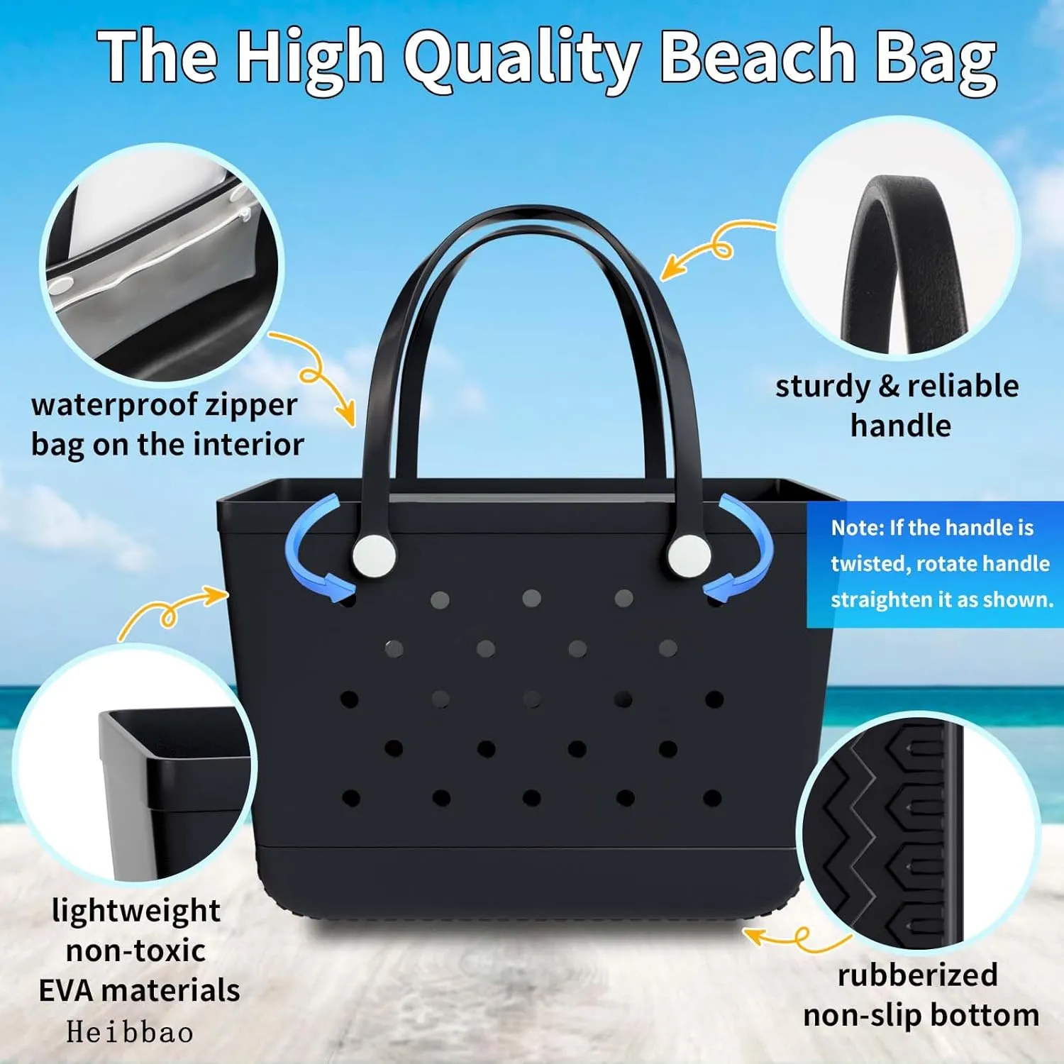 X-Large Rubber Beach Bag Tote Bag with Waterproof Zipper Inner Bag, Washable Durable Tote Bag Storage bags