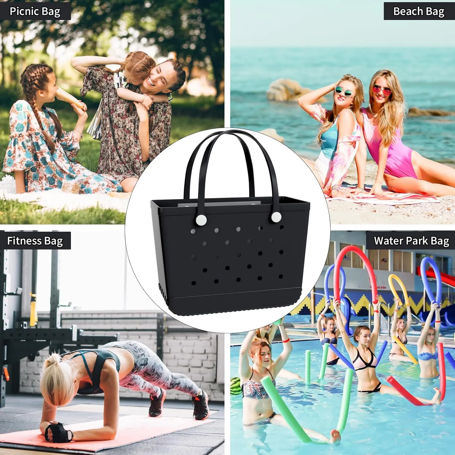 X-Large Rubber Beach Bag Tote Bag with Waterproof Zipper Inner Bag, Washable Durable Tote Bag Storage bags