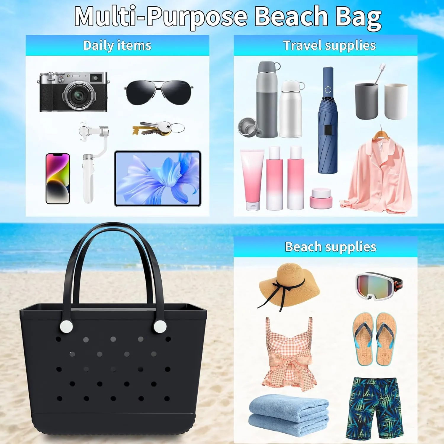 X-Large Rubber Beach Bag Tote Bag with Waterproof Zipper Inner Bag, Washable Durable Tote Bag Storage bags