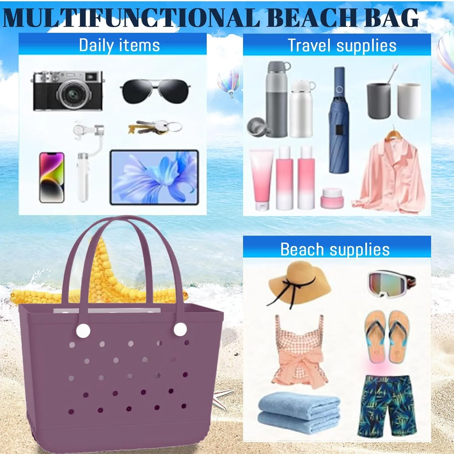 X-Large Rubber Tote Bag Waterproof Beach Washable Handbag Storage Bags Durable Modern Travel SportsTote Bag