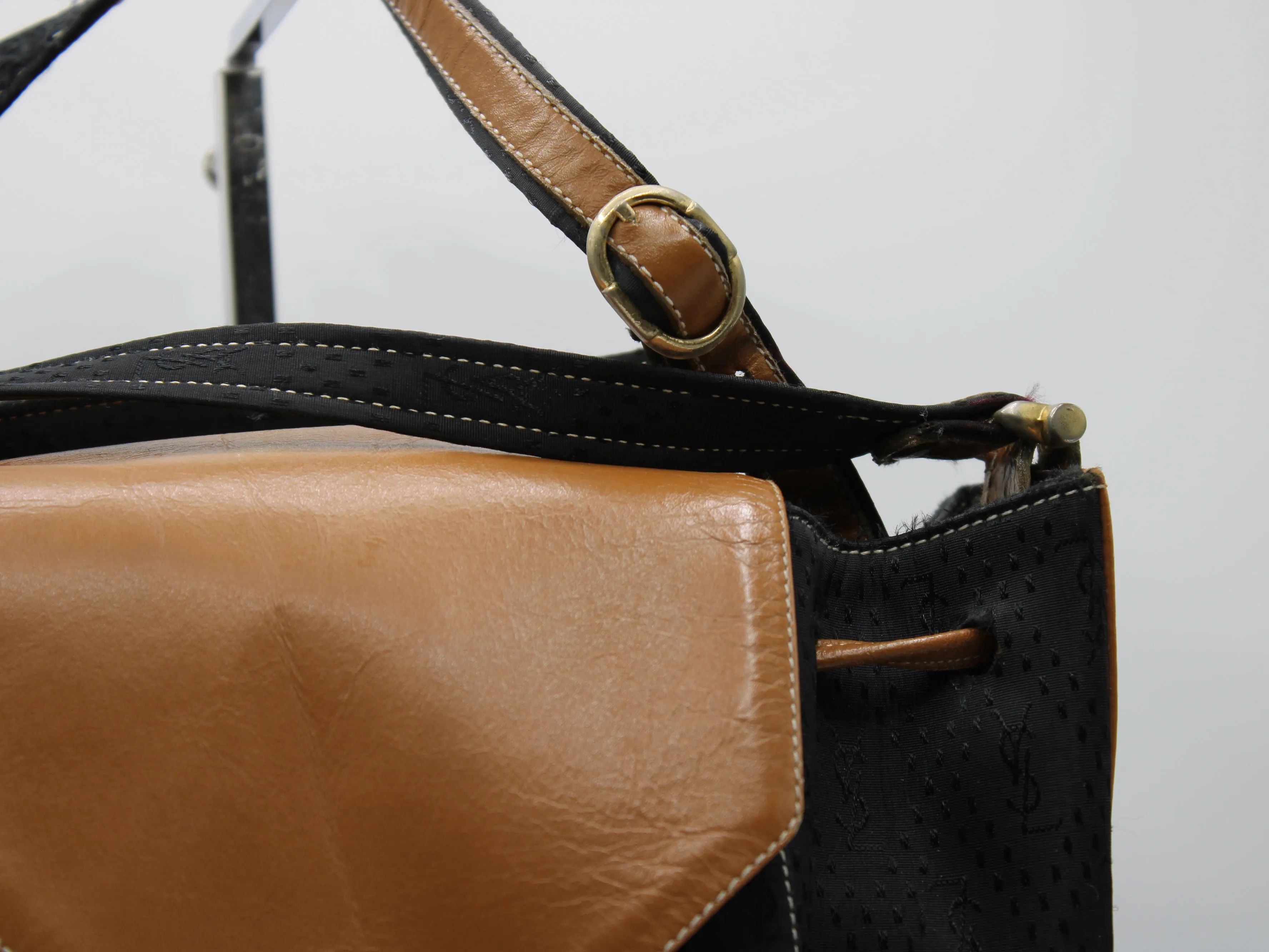 Yves Saint Laurent Bag Drawstring Tote YSL Logo Canvas Leather Tassel Vintage