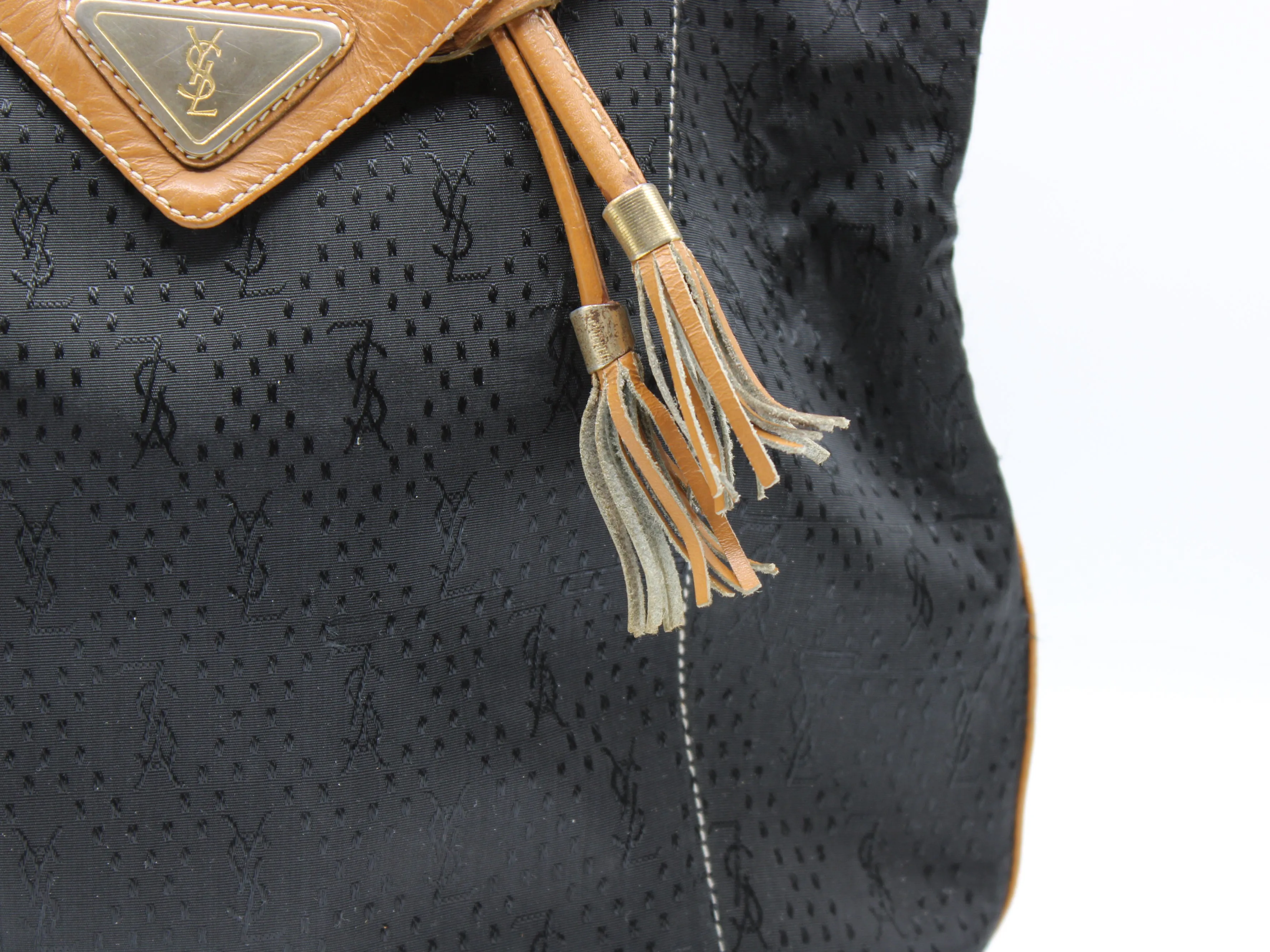 Yves Saint Laurent Bag Drawstring Tote YSL Logo Canvas Leather Tassel Vintage