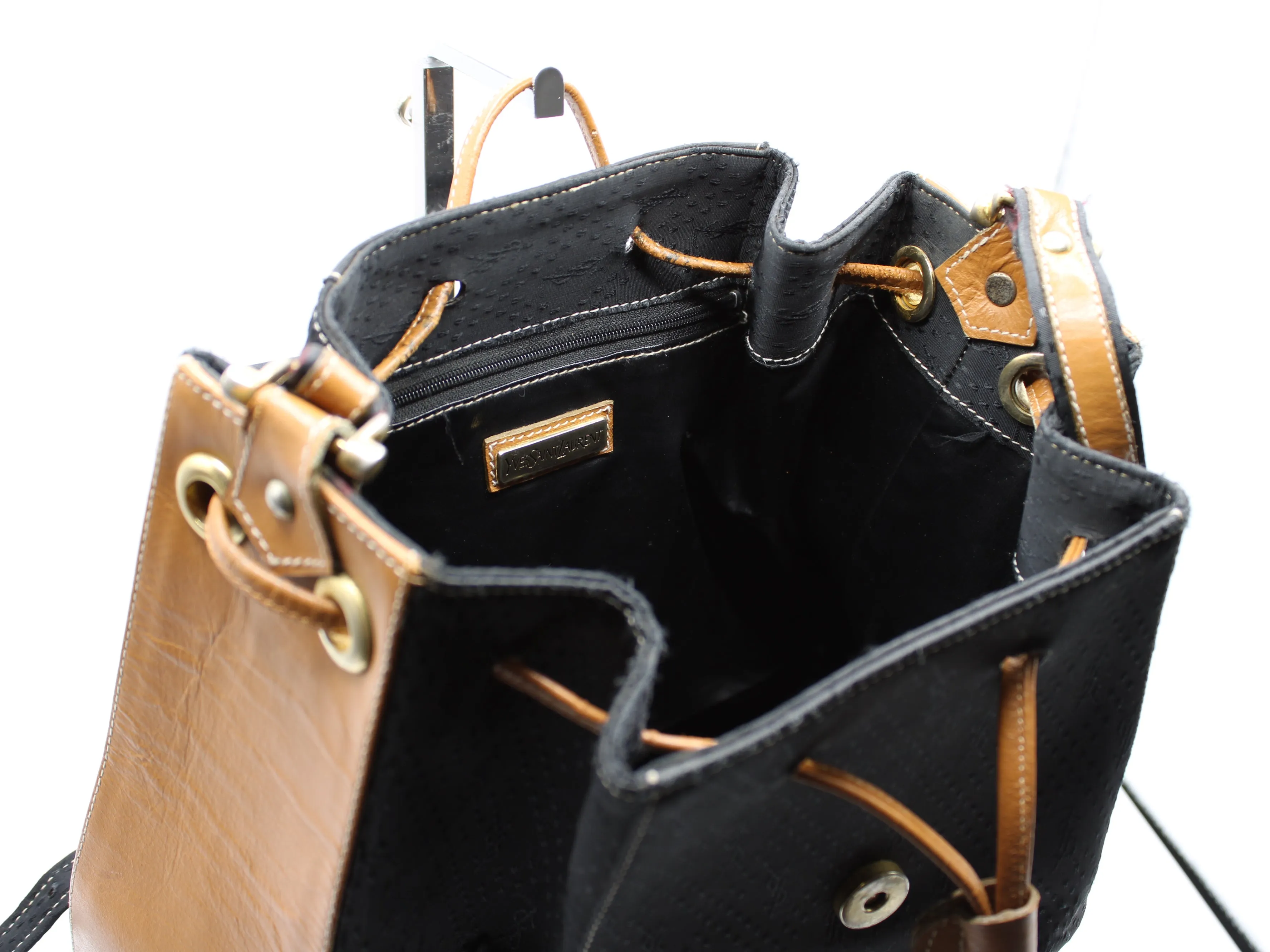 Yves Saint Laurent Bag Drawstring Tote YSL Logo Canvas Leather Tassel Vintage