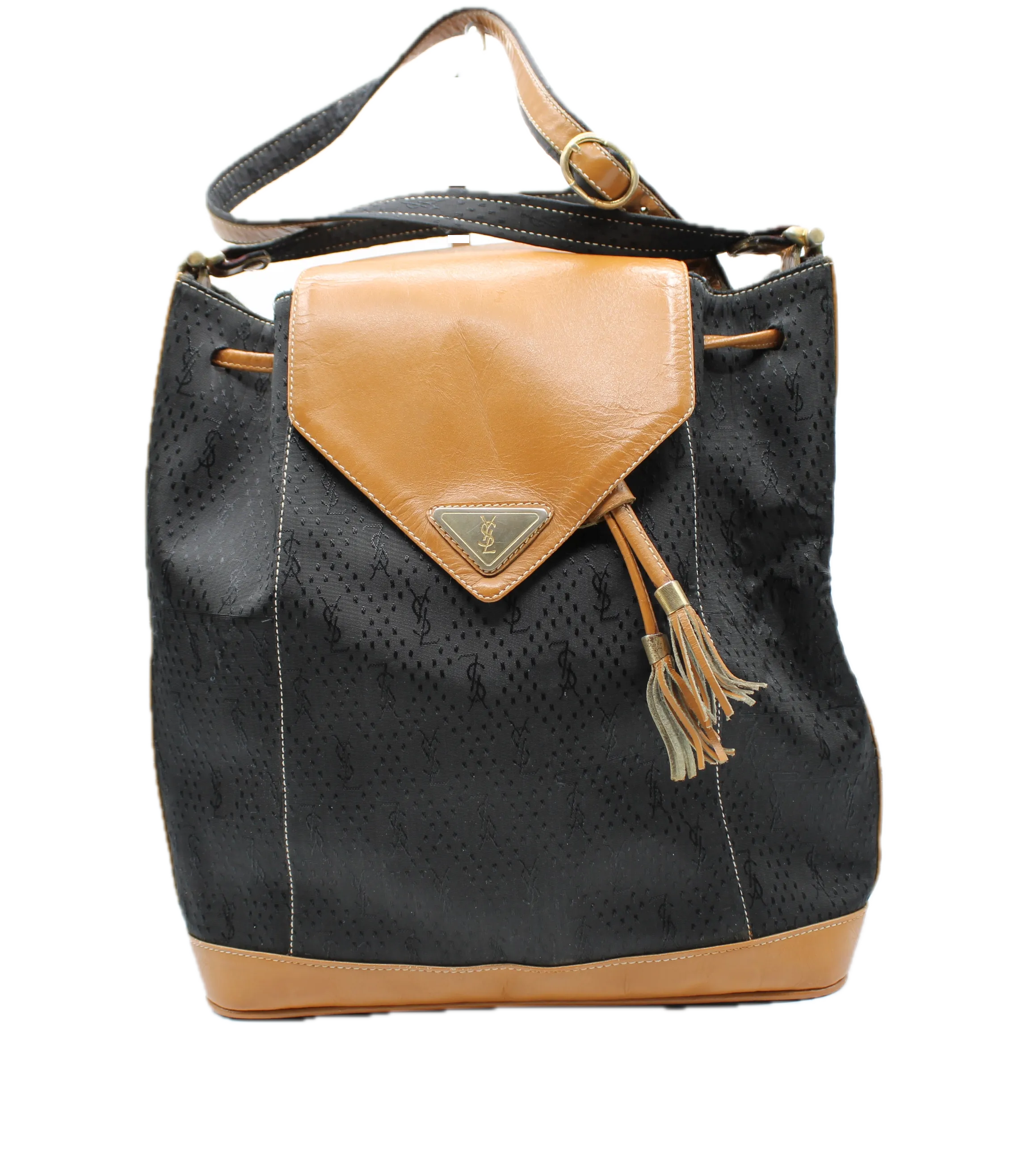 Yves Saint Laurent Bag Drawstring Tote YSL Logo Canvas Leather Tassel Vintage