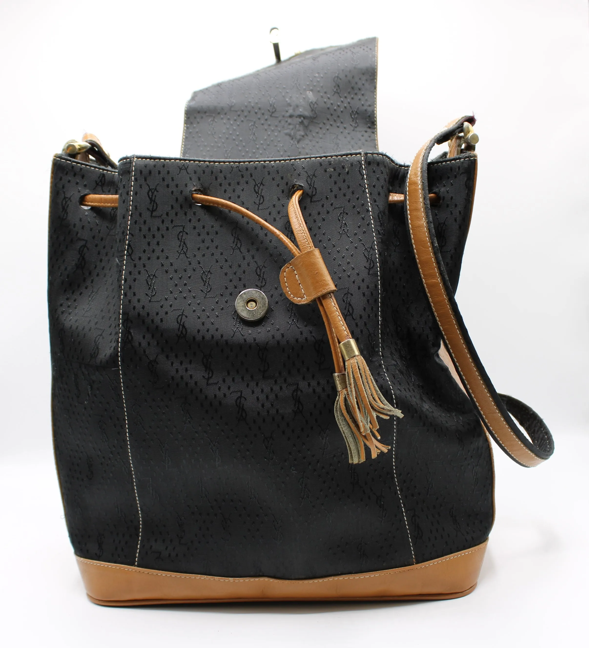 Yves Saint Laurent Bag Drawstring Tote YSL Logo Canvas Leather Tassel Vintage