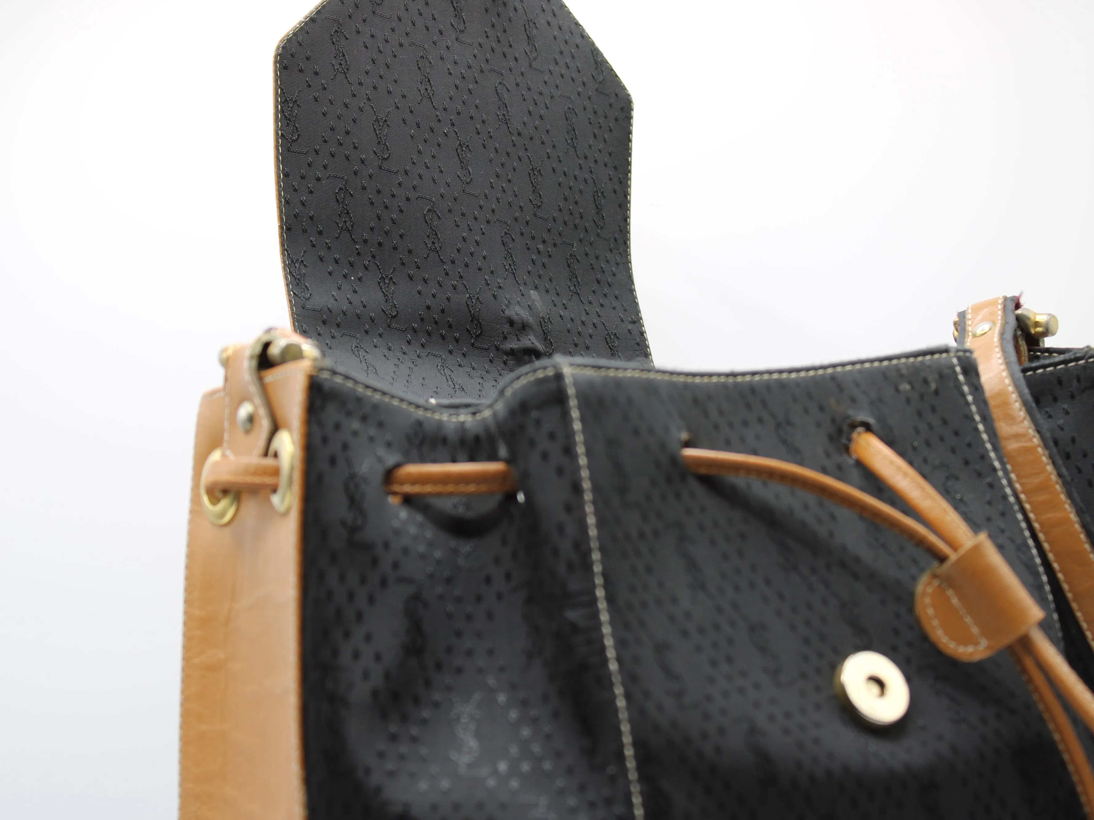 Yves Saint Laurent Bag Drawstring Tote YSL Logo Canvas Leather Tassel Vintage