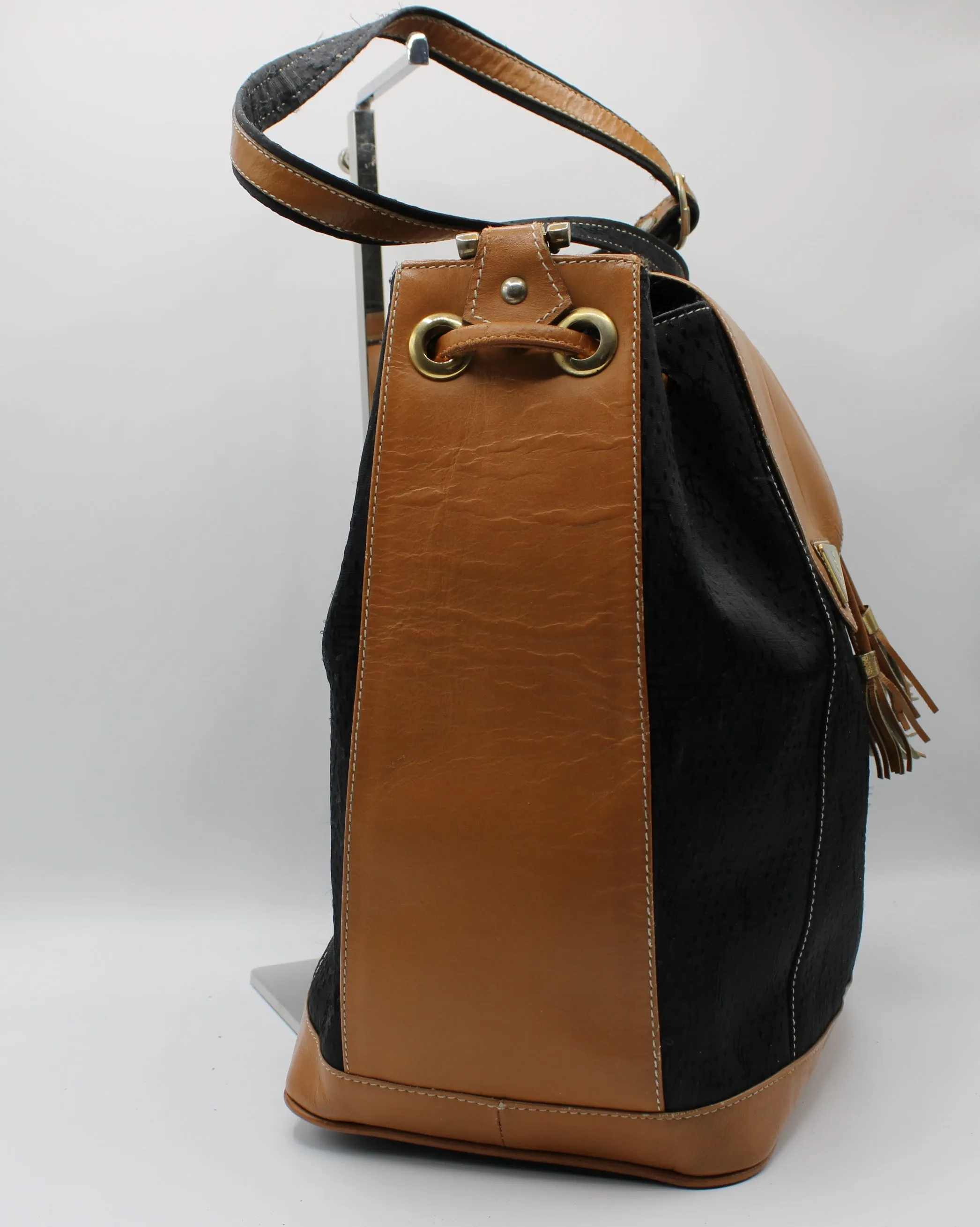 Yves Saint Laurent Bag Drawstring Tote YSL Logo Canvas Leather Tassel Vintage