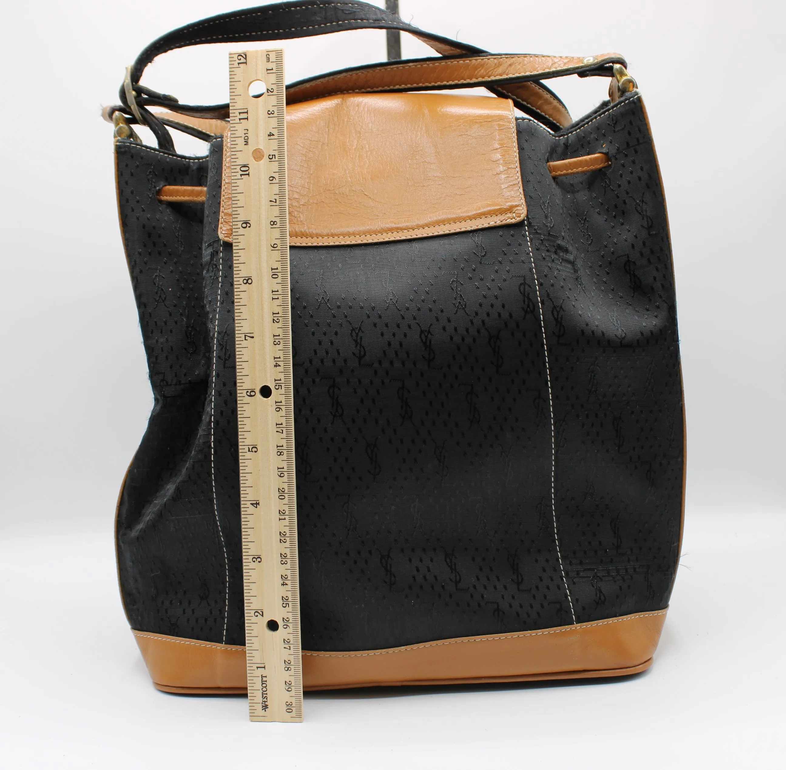 Yves Saint Laurent Bag Drawstring Tote YSL Logo Canvas Leather Tassel Vintage