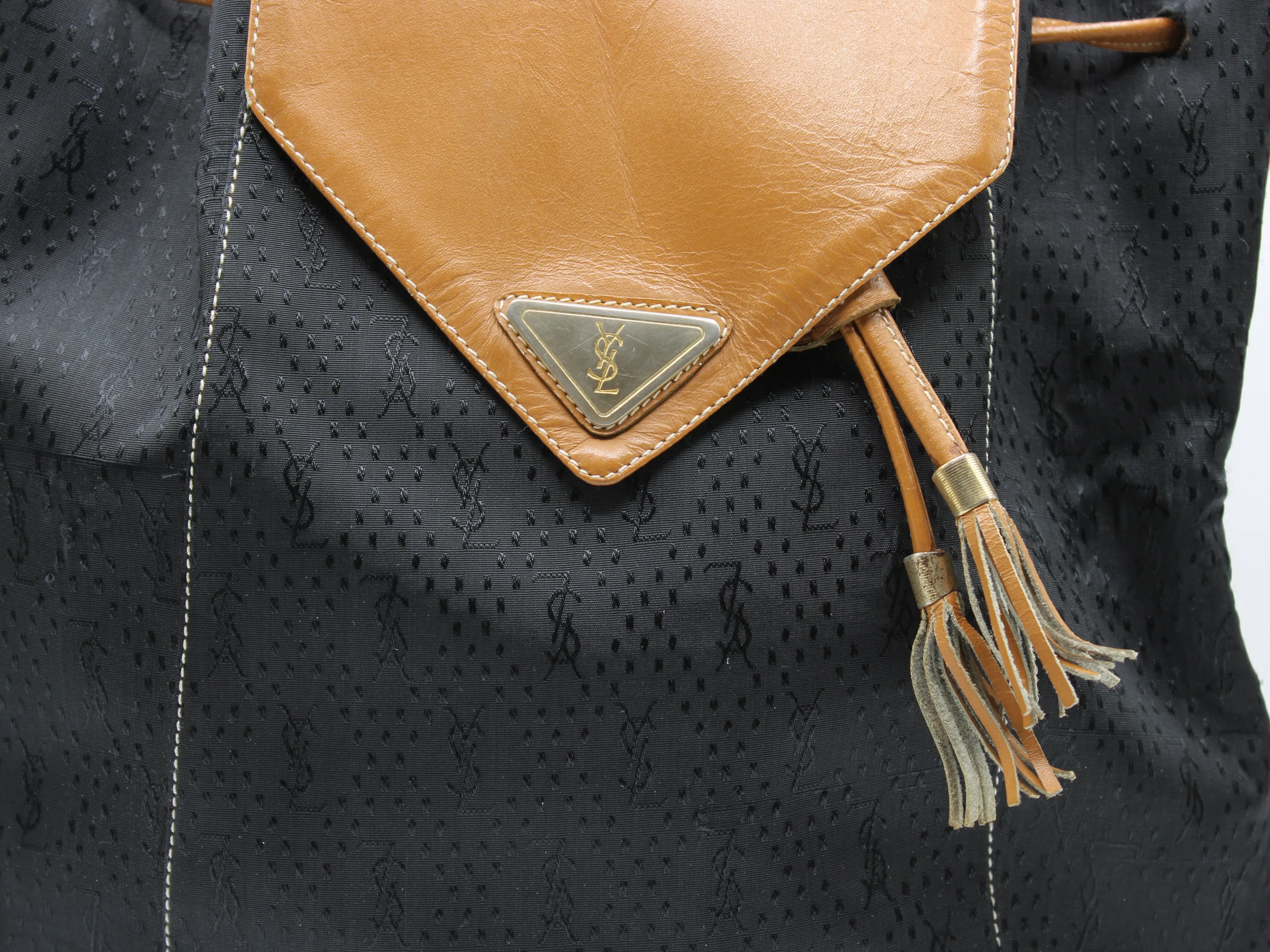 Yves Saint Laurent Bag Drawstring Tote YSL Logo Canvas Leather Tassel Vintage