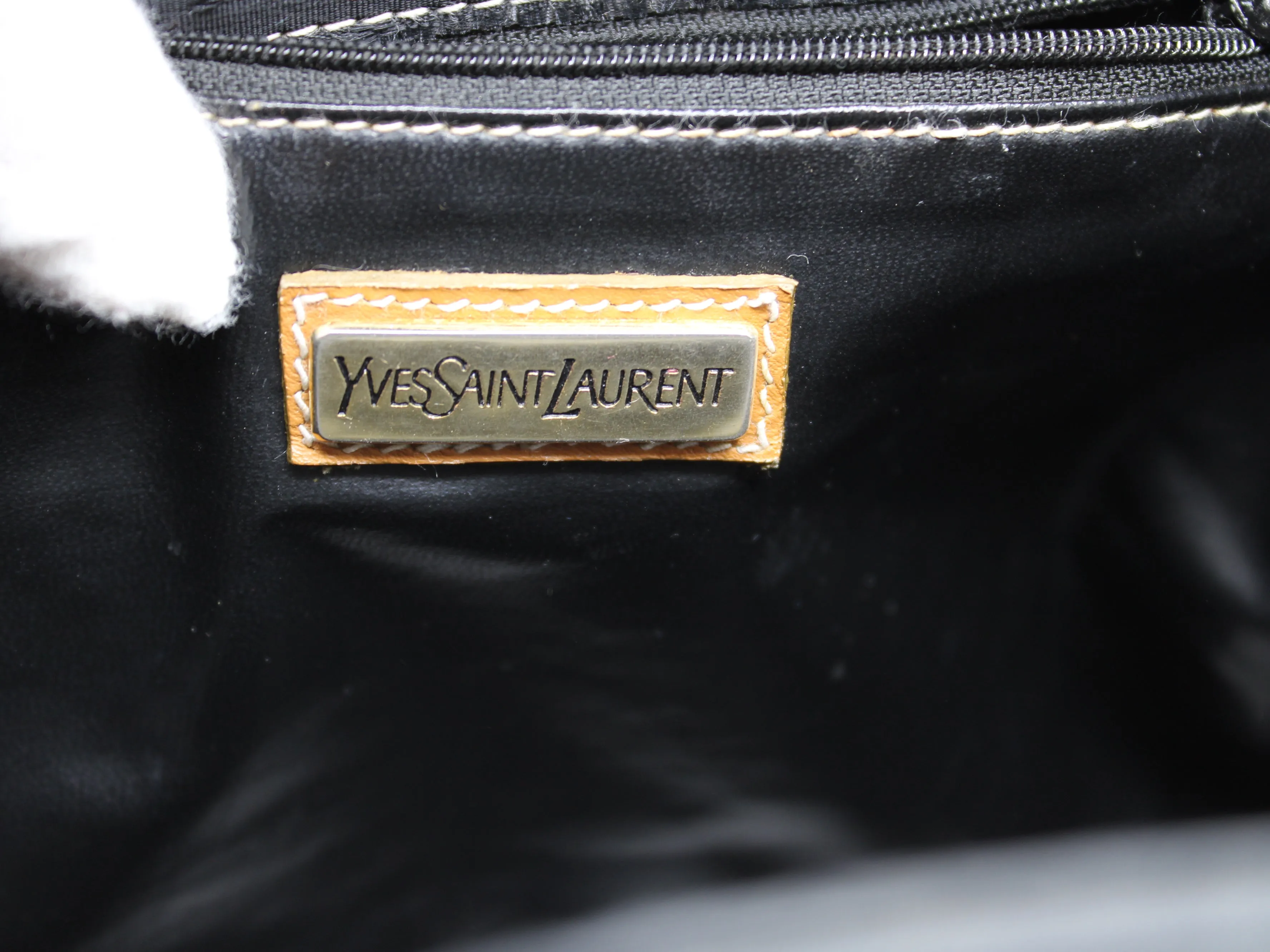 Yves Saint Laurent Bag Drawstring Tote YSL Logo Canvas Leather Tassel Vintage