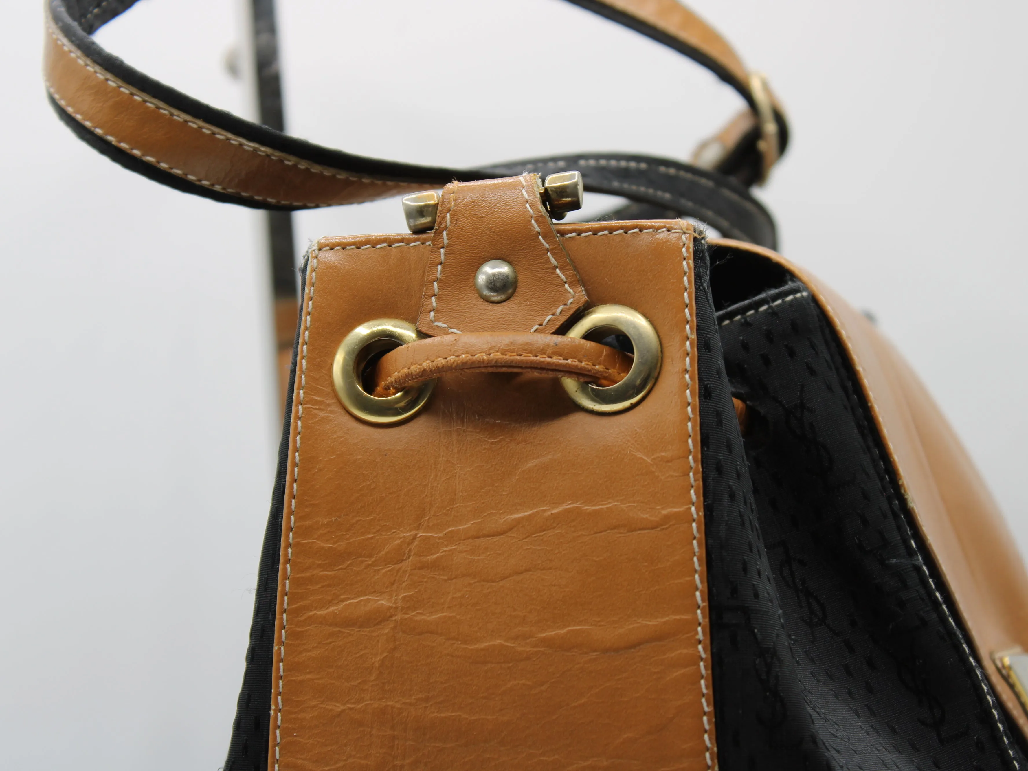 Yves Saint Laurent Bag Drawstring Tote YSL Logo Canvas Leather Tassel Vintage