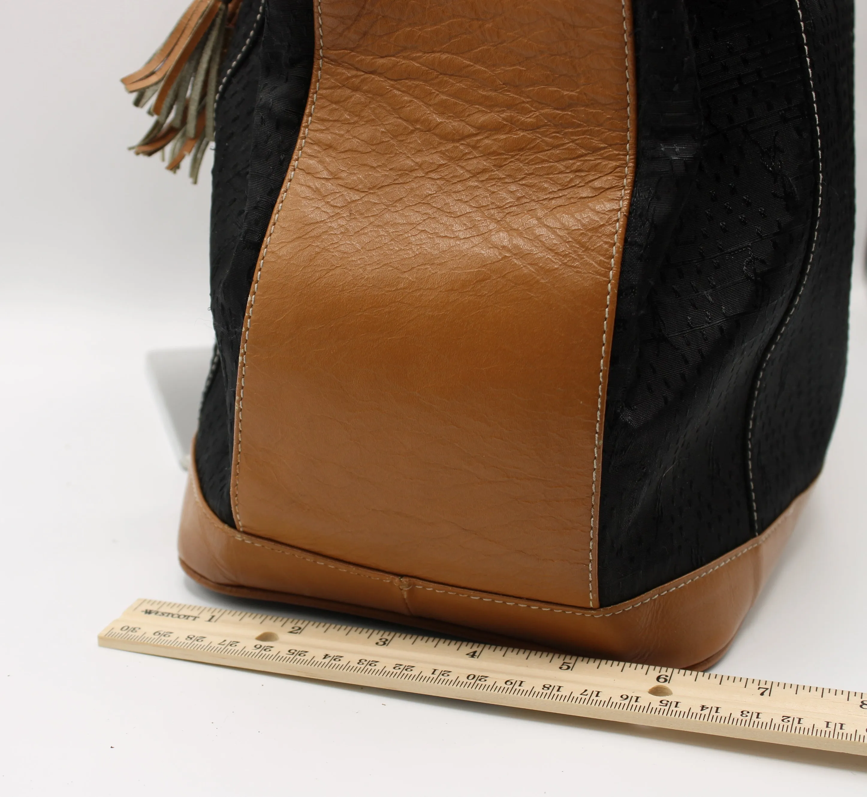 Yves Saint Laurent Bag Drawstring Tote YSL Logo Canvas Leather Tassel Vintage